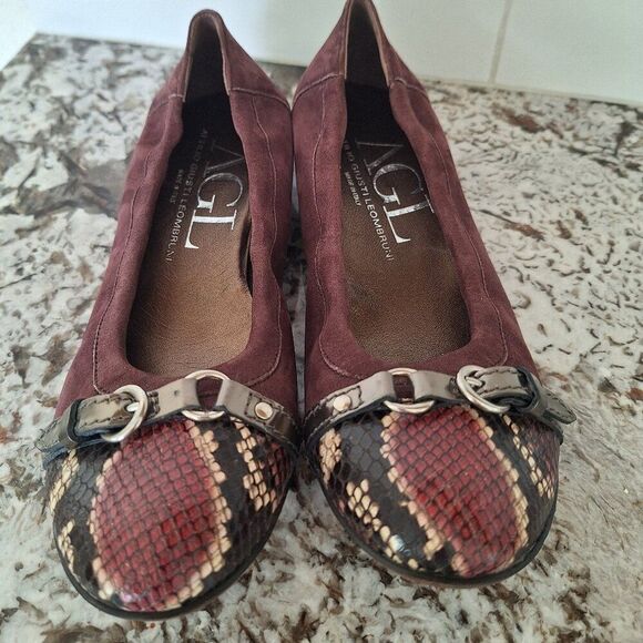 AGL Monika Flats 39.5 Marron Suede Slip On Comfort Shoes Snakeskin Toe Italy - Picture 1 of 8
